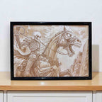 Skeleton rider on horse wood engraved art by Laser Design Creations, framed gothic fantasy decor.