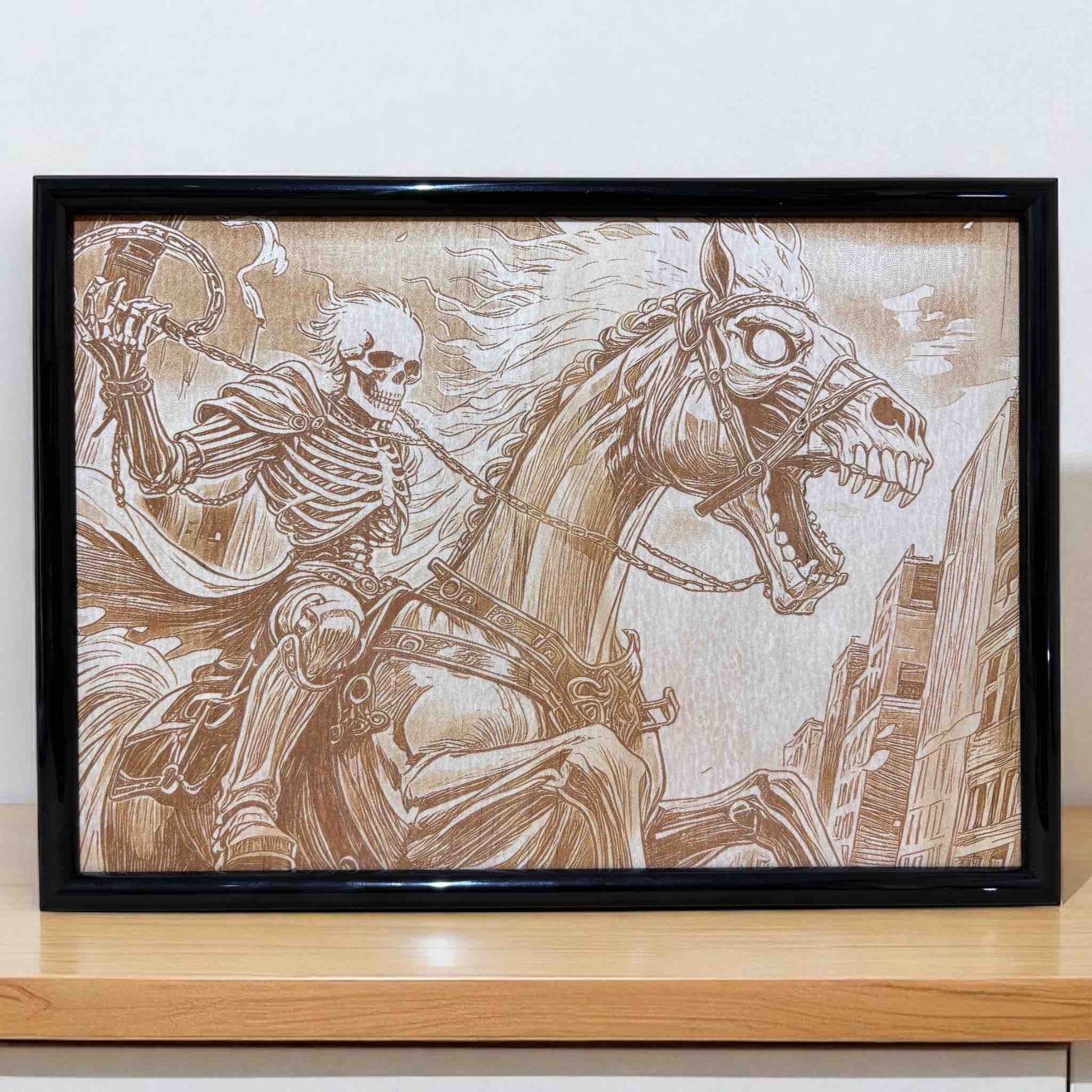 Framed skeleton rider wood art, detailed engraving of horse and city scene by Laser Design Creations.