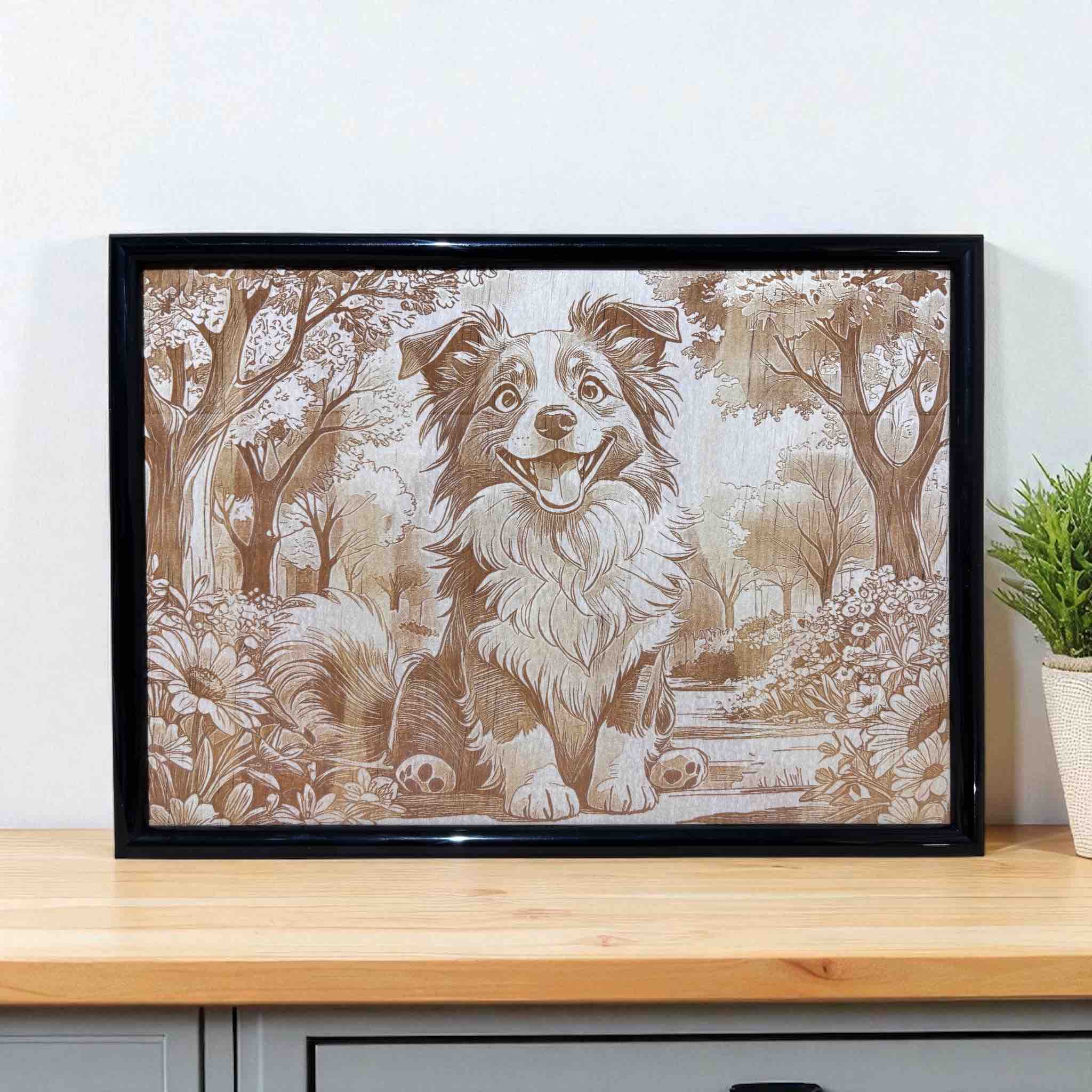 Border Collie in blooming garden wood engraved art by Laser Design Creations.