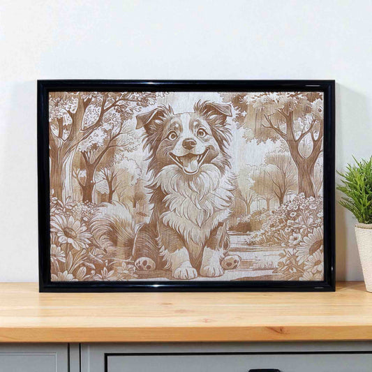Border Collie in blooming garden wood engraved art by Laser Design Creations.
