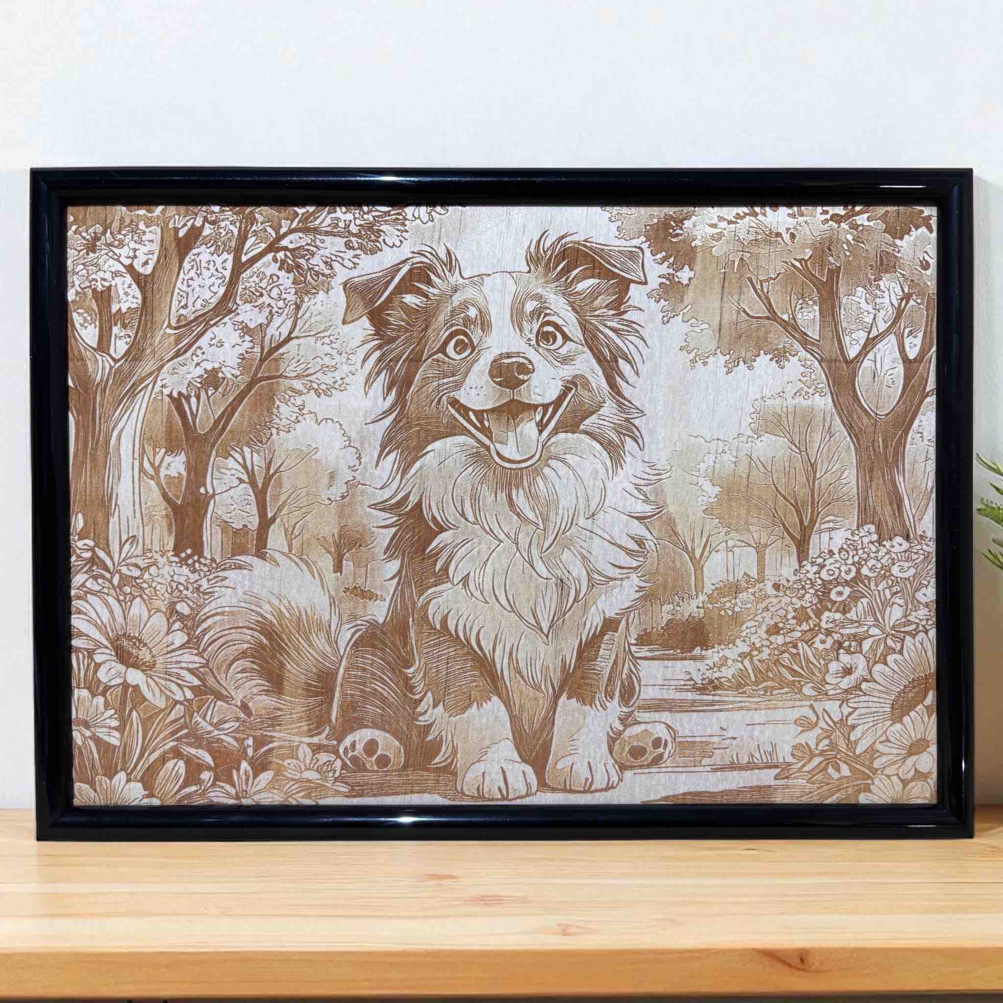 Lifestyle photo of Border Collie in blooming garden wood engraved art by Laser Design Creations.
