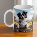 Border Collie cartoon ceramic mug by Laser Design Creations, featuring a cheerful dog on a farm fence with a country background.