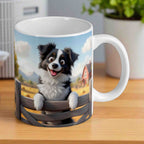 Reverse side of Border Collie cartoon farm mug, playful black and white dog with red barn and sunny landscape by Laser Design Creations.