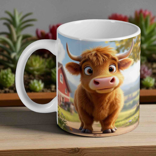Highland calf country farm ceramic mug by Laser Design Creations, featuring a cute calf in a green field with barn and wildflowers.