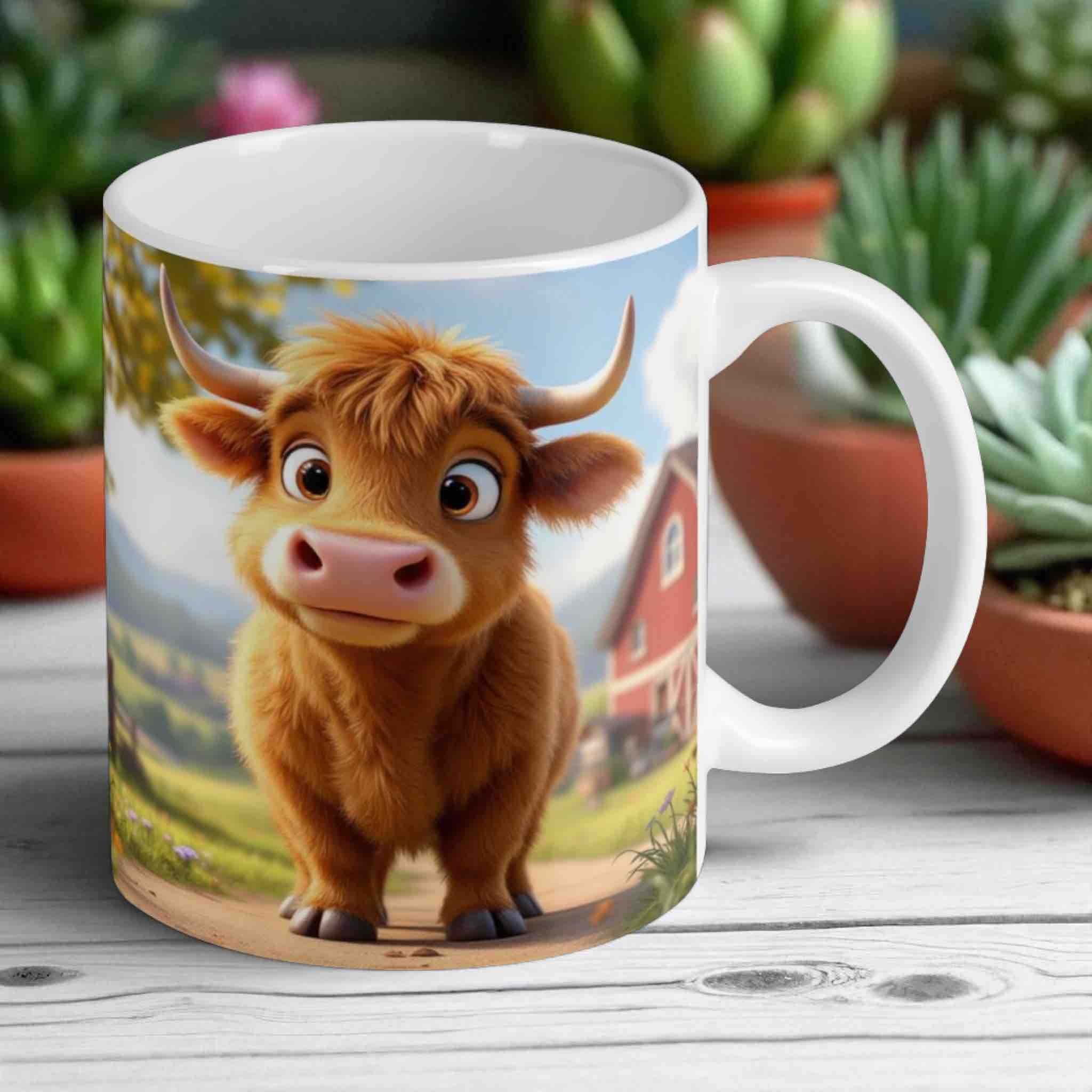 Reverse side of Adorable Highland Cow Calf mug, showcasing the wrap-around farm artwork by Laser Design Creations.