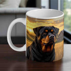 Loyal Rottweiler ceramic mug by Laser Design Creations, featuring a majestic dog in a golden sunset farm scene.