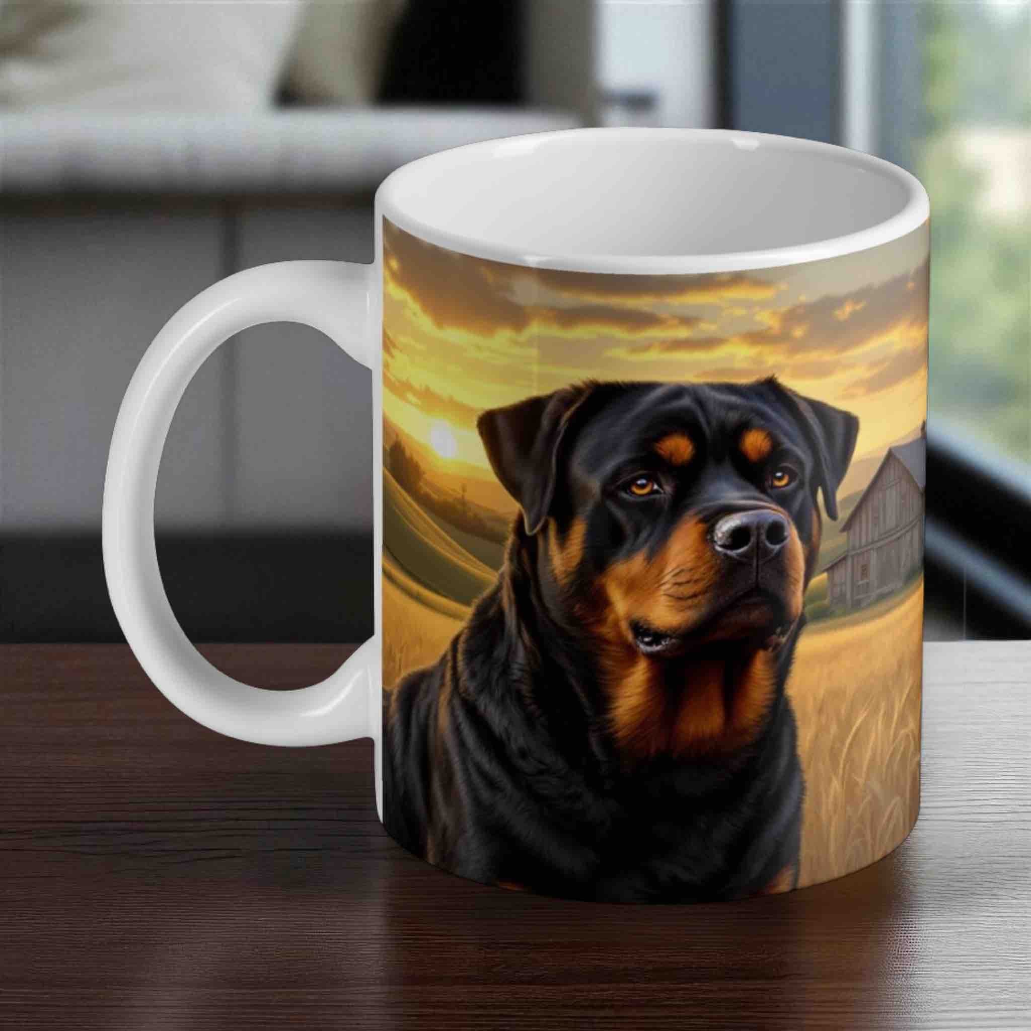 Loyal Rottweiler ceramic mug by Laser Design Creations, featuring a majestic dog in a golden sunset farm scene.