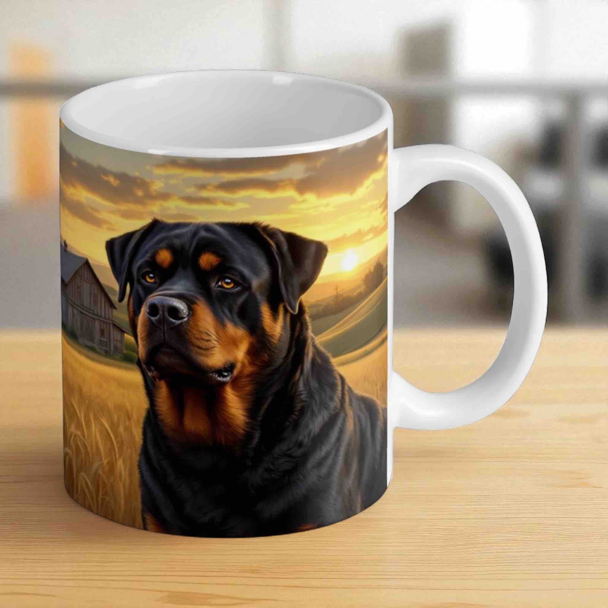 Reverse side of loyal Rottweiler mug, showing the dog and rustic barn at sunset by Laser Design Creations.