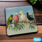 Side view of a set of four Aussie birds neoprene coasters with colourful birds and foliage, by Laser Design Creations.