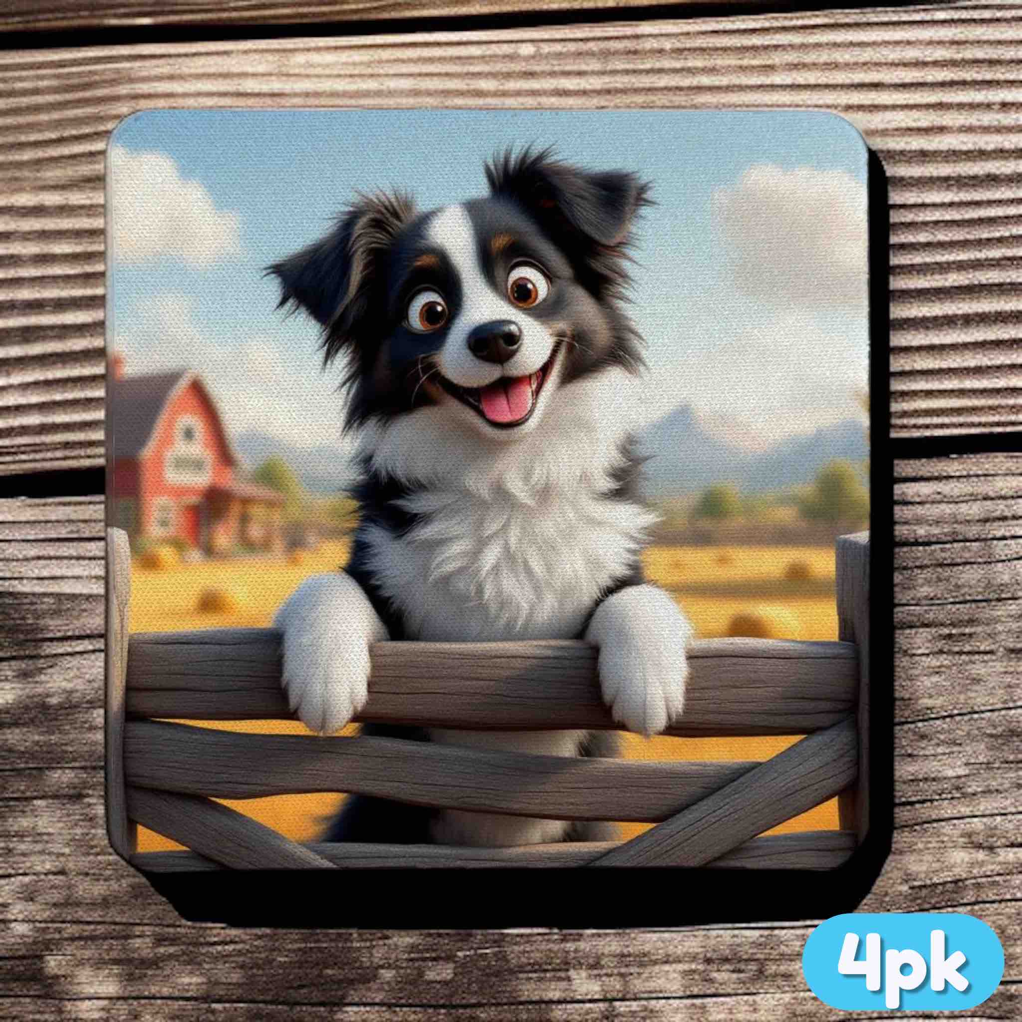 Border Collie farm neoprene coaster by Laser Design Creations, featuring a cartoon dog at a country fence with barn background.
