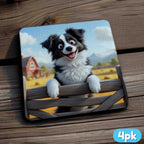 Set of four premium neoprene drink coasters with Border Collie farm cartoon theme by Laser Design Creations.