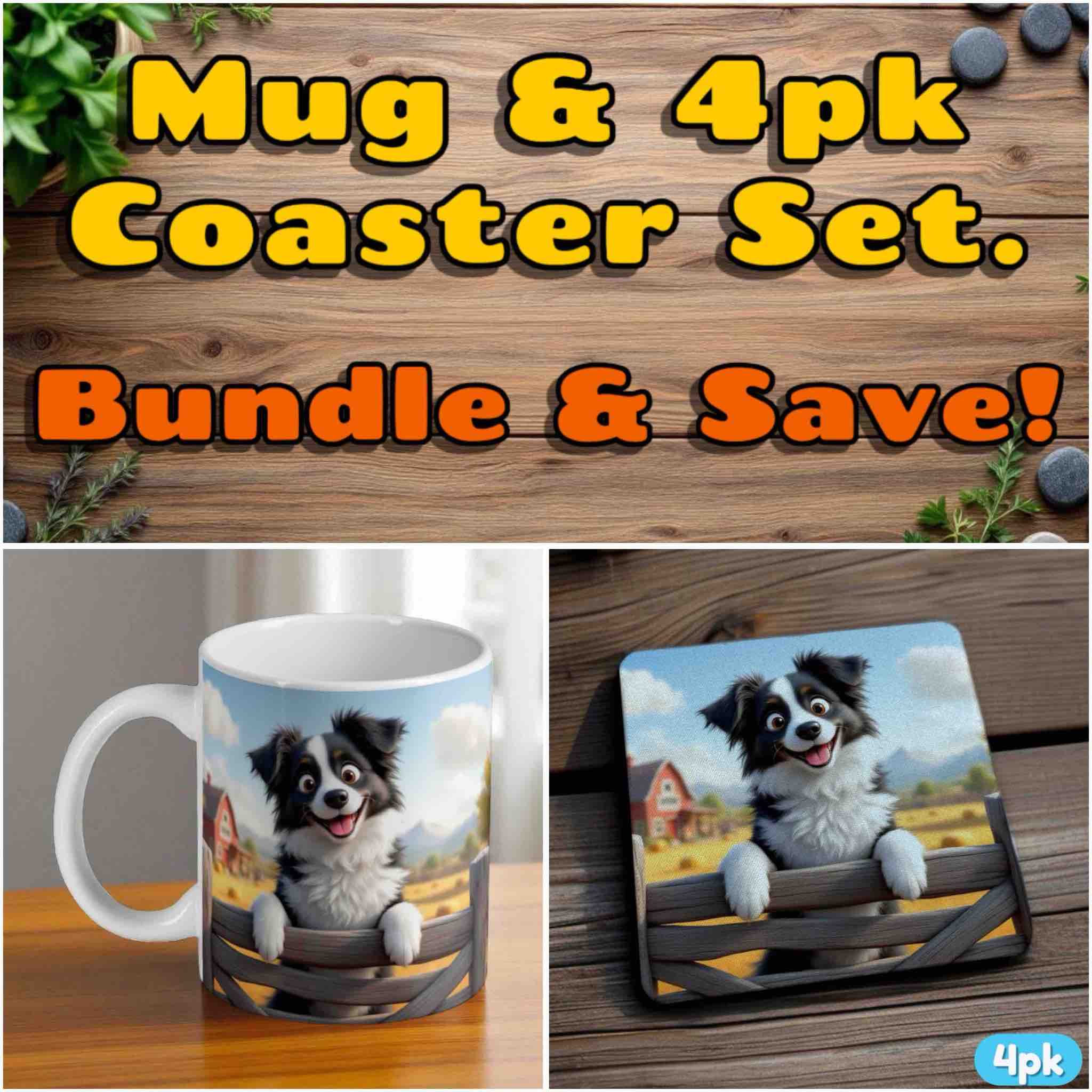 Border Collie cartoon mug and coaster combo gift set, farm dog and country scene, by Laser Design Creations.
