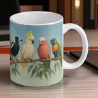 Reverse side of Aussie birds mug, showing colourful birds and leafy branch by Laser Design Creations.