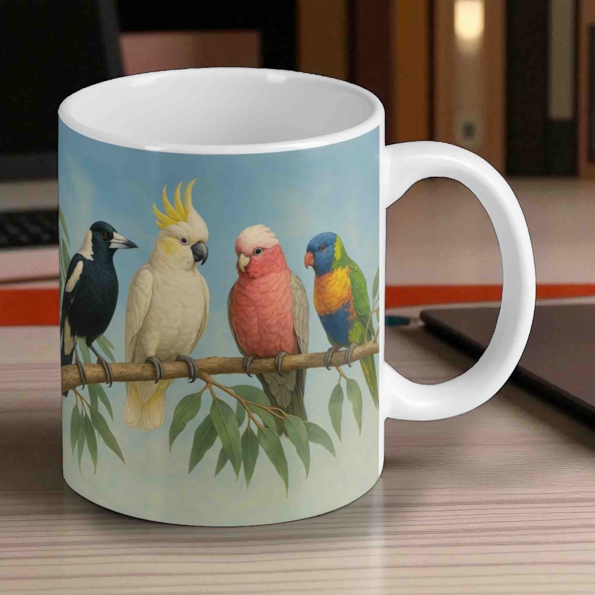 Reverse side of Aussie birds mug, showing colourful birds and leafy branch by Laser Design Creations.
