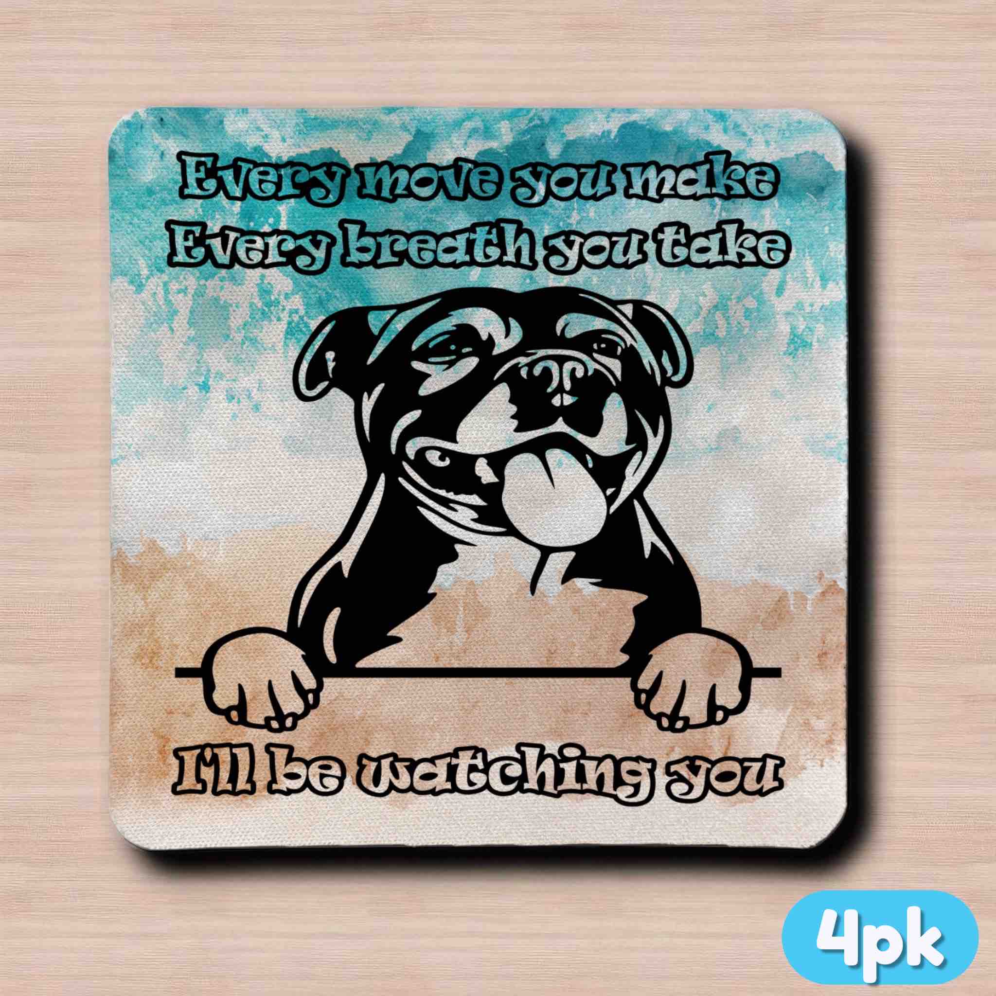 Top view of a set of four Cheeky Staffy neoprene coasters with playful dog artwork, by Laser Design Creations.