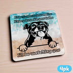Side view of a set of four Cheeky Staffy neoprene coasters with fun dog design, by Laser Design Creations.