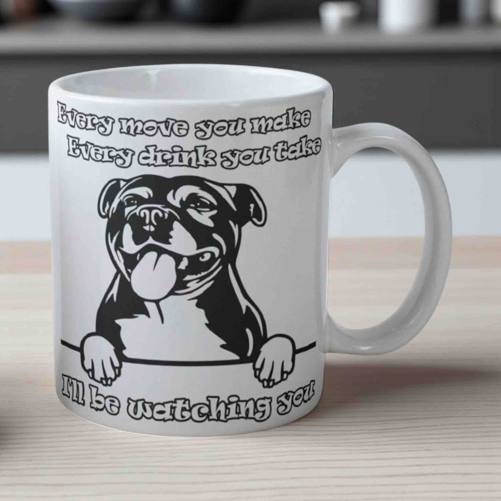 Reverse side of Cheeky Staffy mug, dog illustration and fun quote by Laser Design Creations.