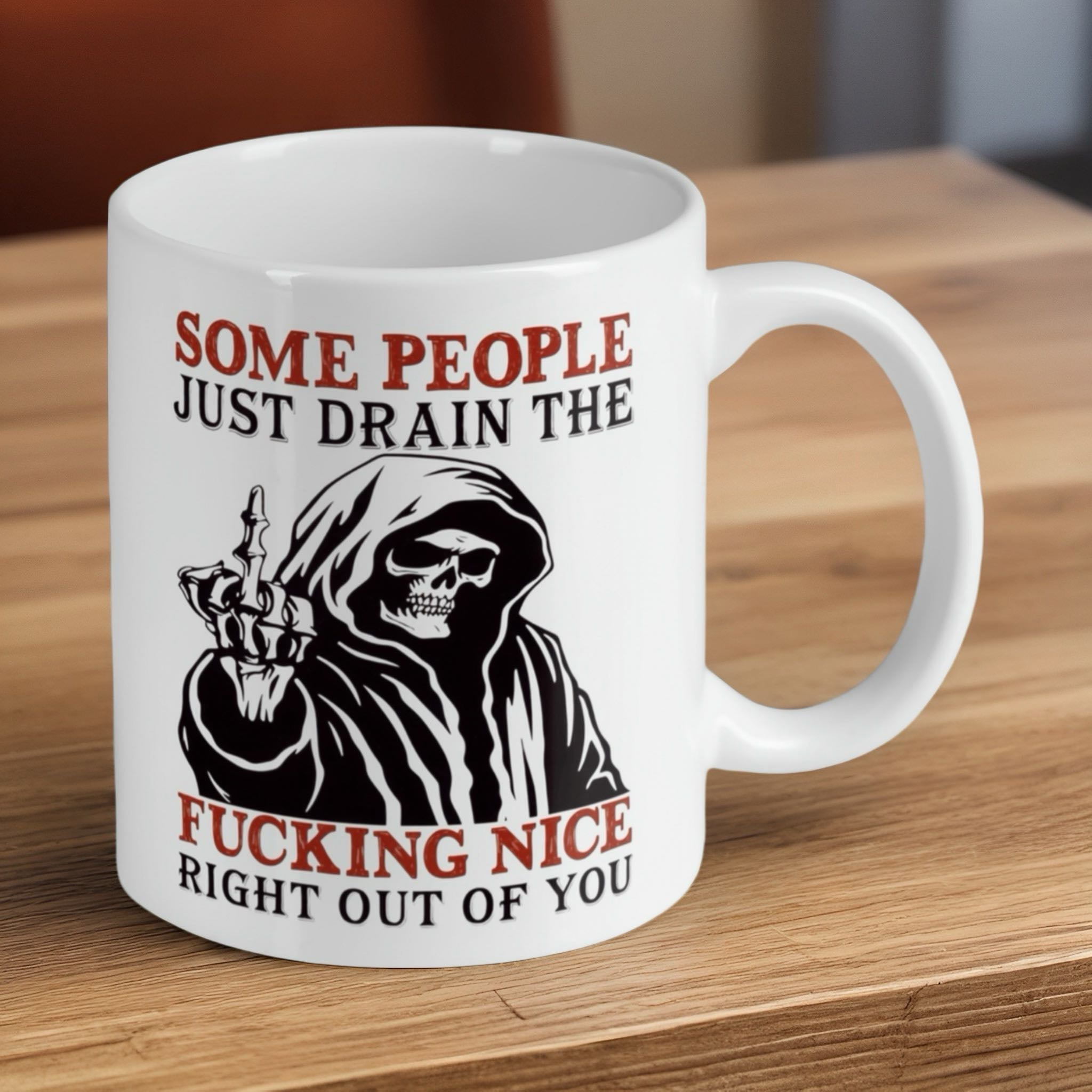 Reverse side of the funny Grim Reaper quote ceramic mug, showcasing the wrap-around artwork by Laser Design Creations.