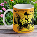 Majestic Soaring Eagle ceramic mug by Laser Design Creations, featuring an eagle in flight over a mountain scene.