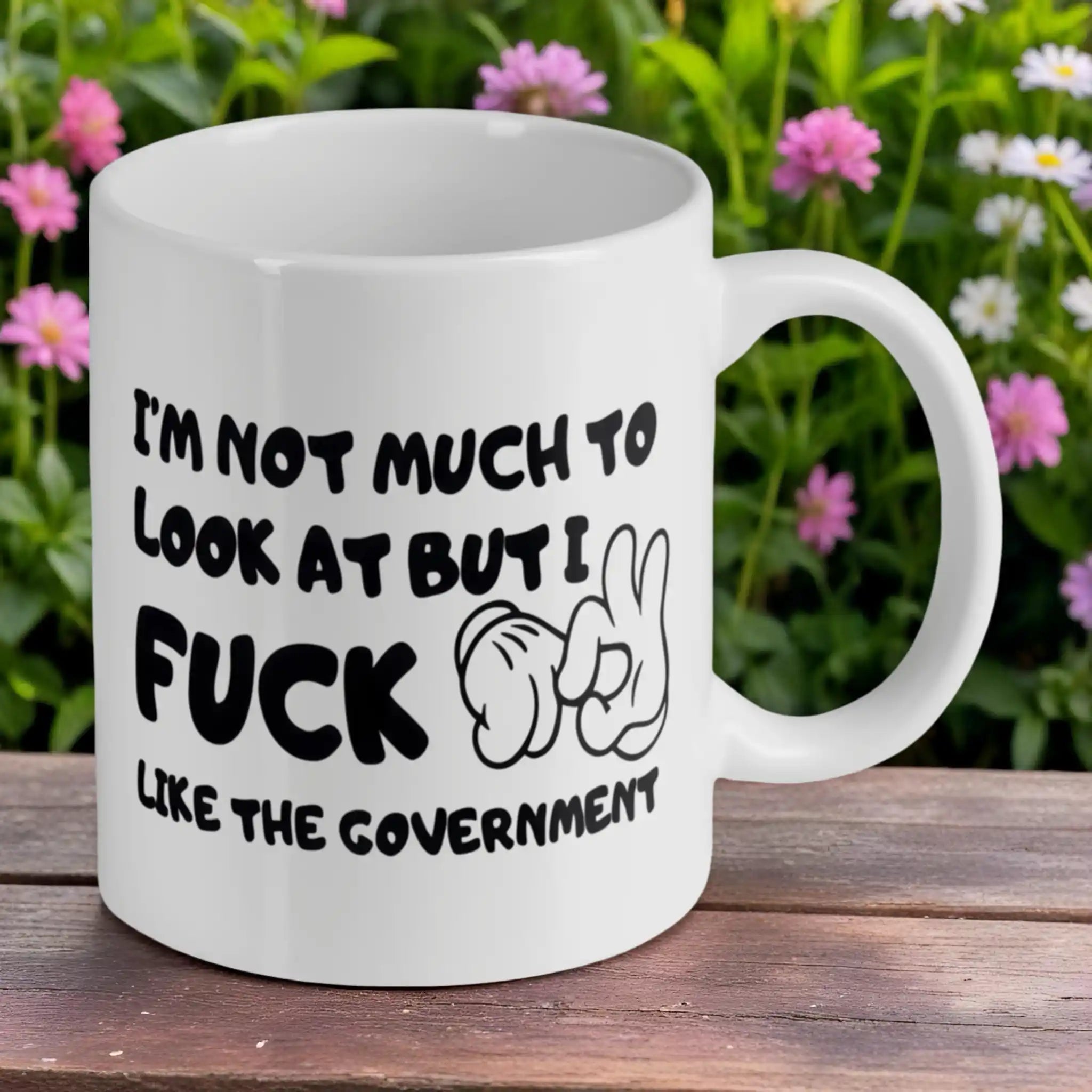 Reverse side of 'Like The Government' quote ceramic mug, showcasing the wrap-around artwork by Laser Design Creations.