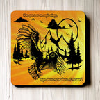 Top view of a set of four Majestic Soaring Eagle neoprene coasters with a mountain and wildlife scene, by Laser Design Creations.