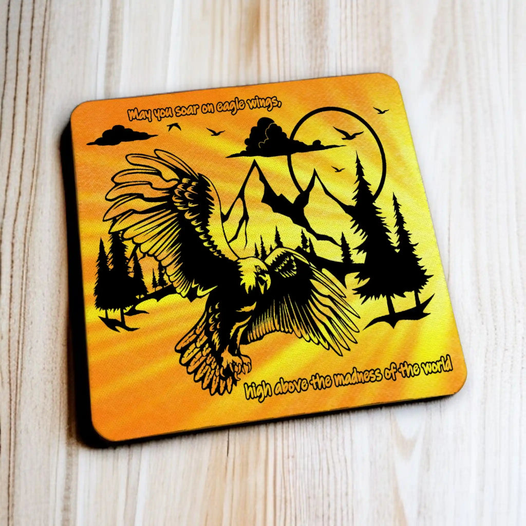 Side view of a set of four Majestic Soaring Eagle neoprene coasters with an inspirational quote, by Laser Design Creations.