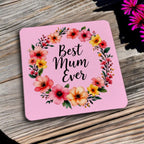 Side view of a set of four floral 'Best Mum Ever' coasters, a perfect Mothers Day gift by Laser Design Creations.