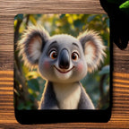 Top view of four neoprene coasters with a Cute Cartoon Koala in a sunny bushland setting, by Laser Design Creations.
