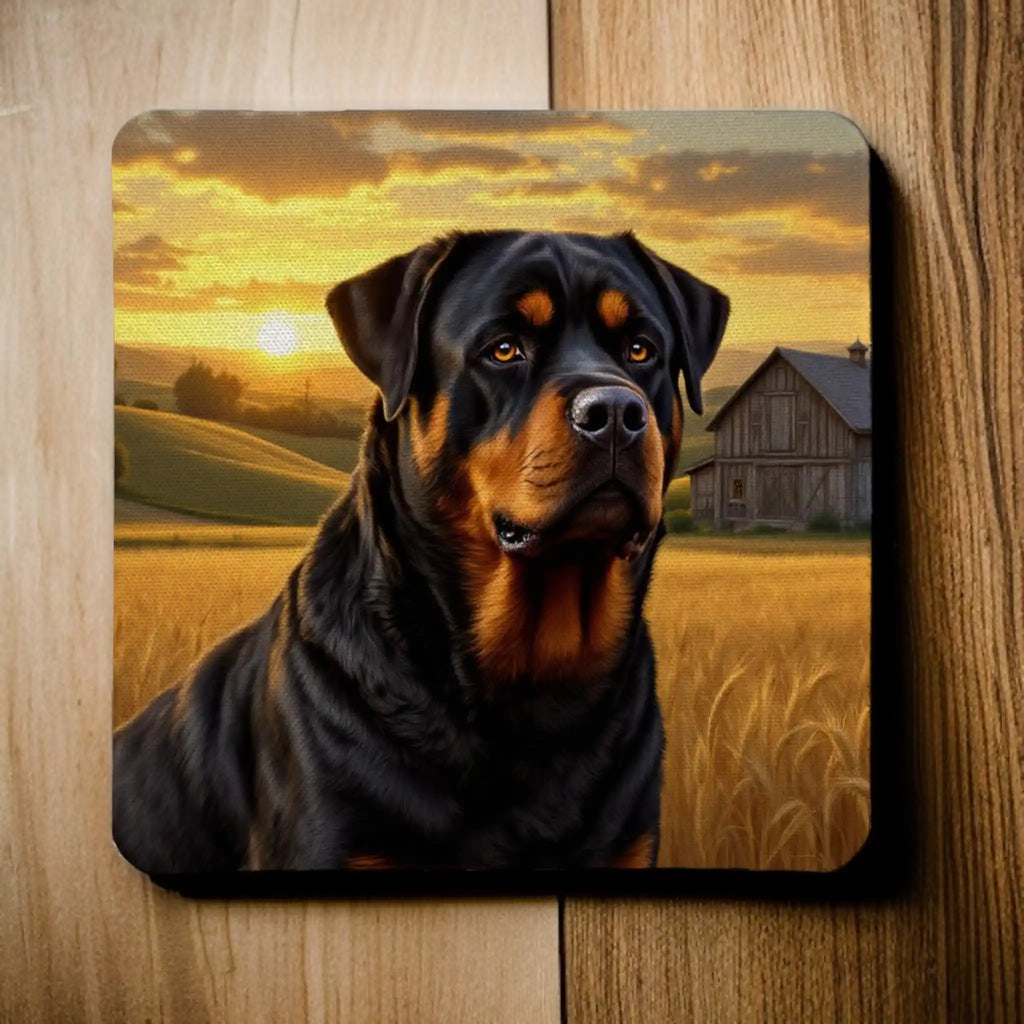 Top view of a set of four Rottweiler sunset farm neoprene coasters with a country landscape, by Laser Design Creations.