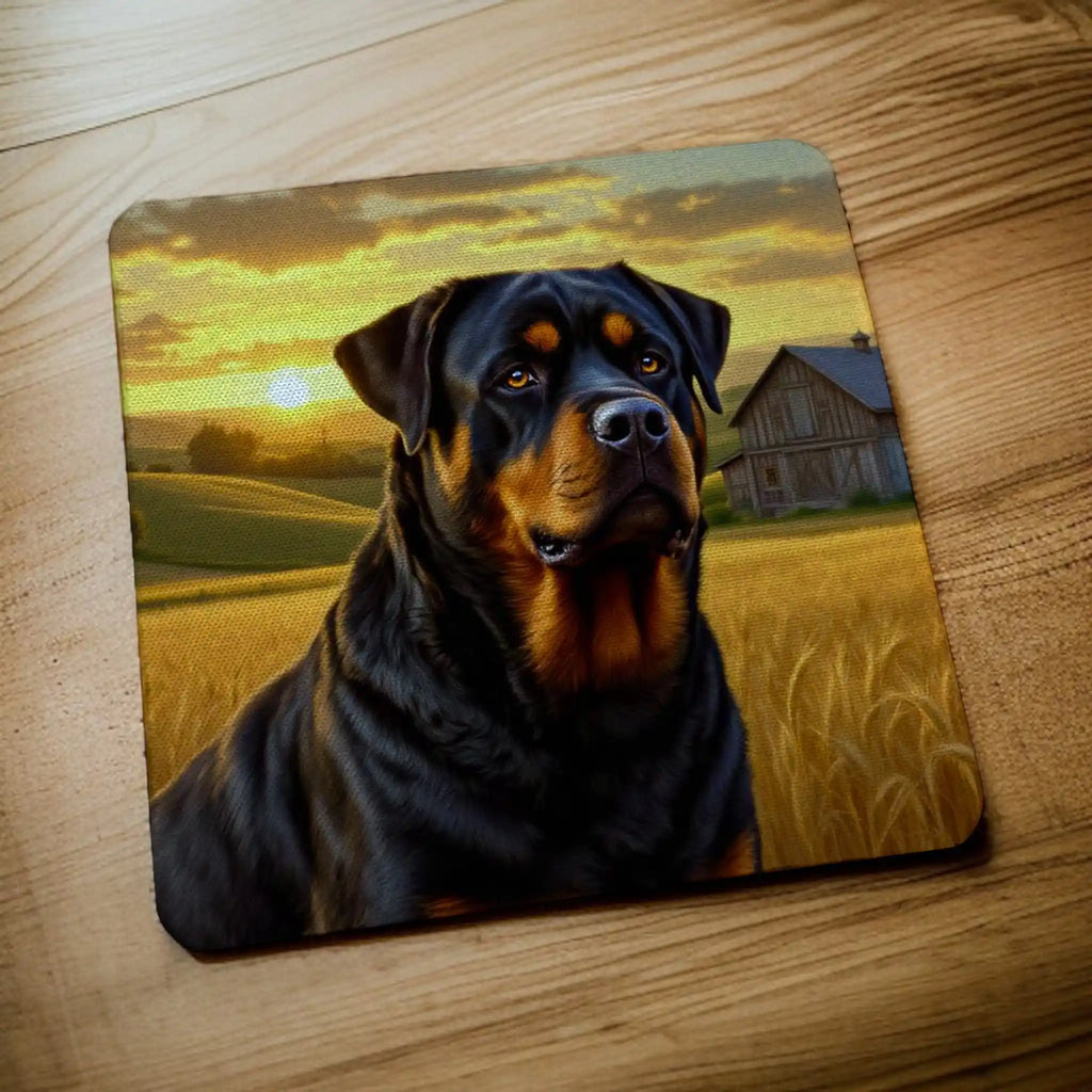 Side view of a set of four Rottweiler neoprene coasters with a sunset farm scene, by Laser Design Creations.