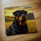 Side view of a set of four Rottweiler neoprene coasters with a sunset farm scene, by Laser Design Creations.