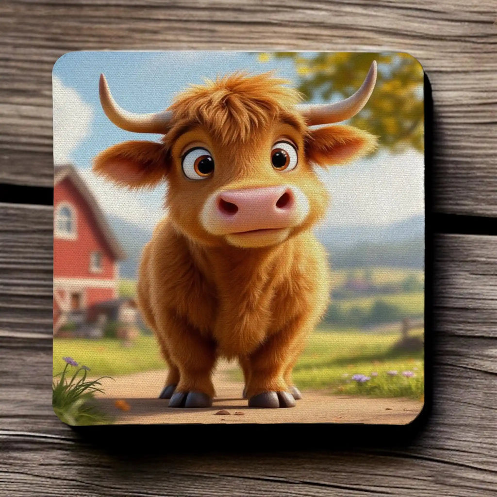 Top view of a set of four Adorable Highland Cow Calf neoprene coasters with the cute farm animal design, by Laser Design Creations.