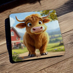 Side view of a set of four Adorable Highland Cow Calf neoprene coasters with the fluffy cow and red barn scene, by Laser Design Creations.