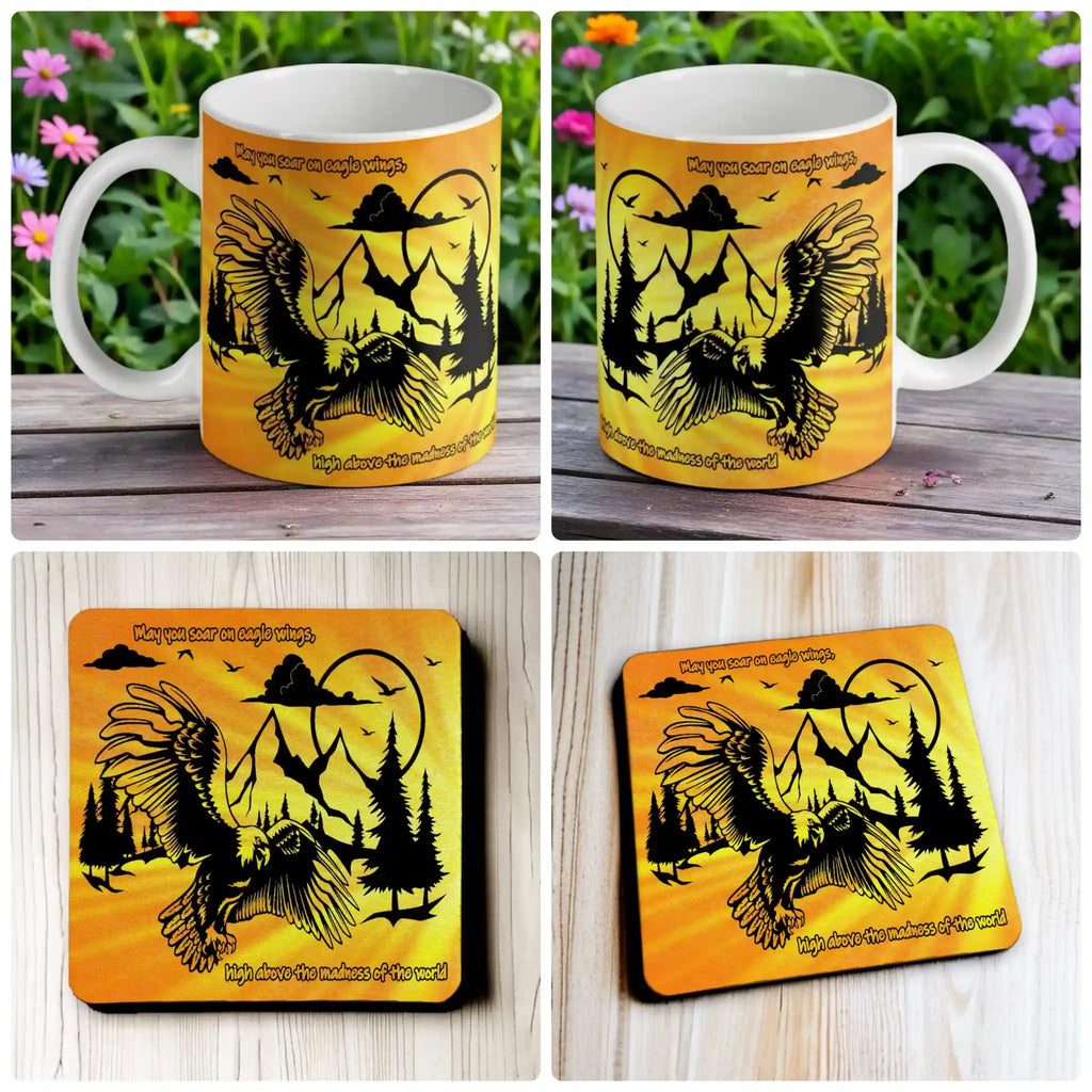 Majestic Soaring Eagle mug and coaster combo gift set collage, featuring a wildlife and mountain theme, by Laser Design Creations.