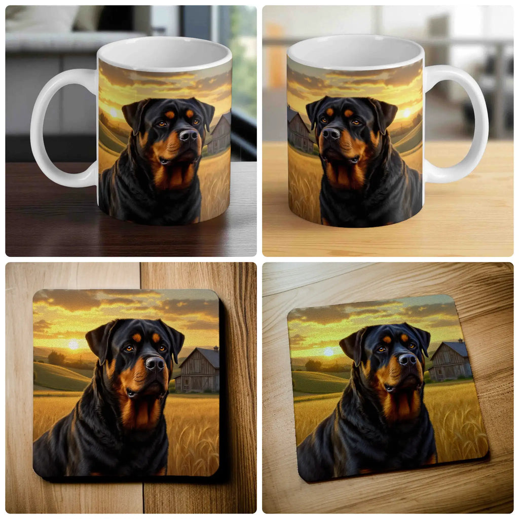 Loyal Rottweiler mug and coaster combo gift set collage, featuring the dog in a golden field, by Laser Design Creations.