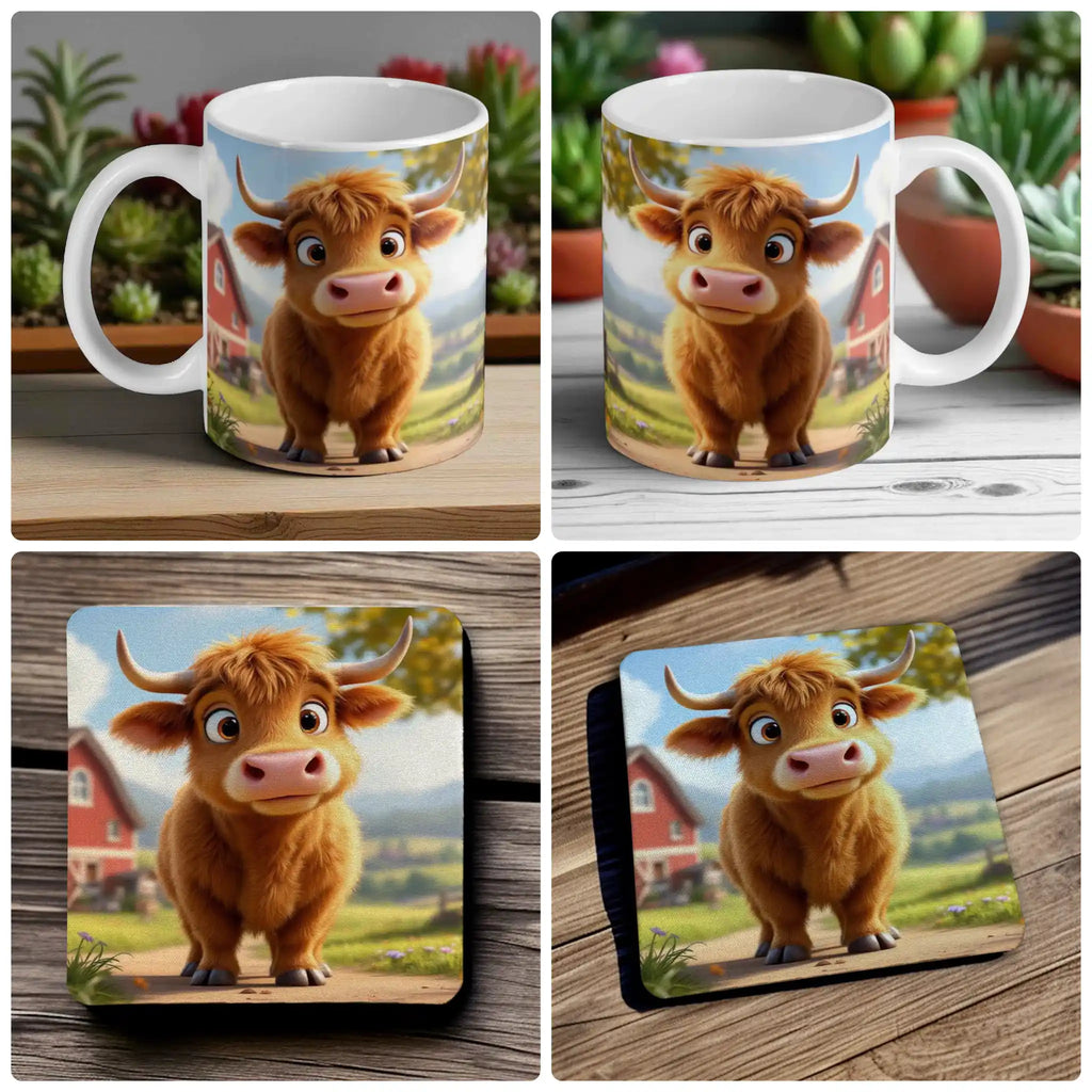 Adorable Highland Cow Calf mug and coaster combo gift set collage, featuring the cute farm animal and country background, by Laser Design Creations.