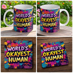 'World's Okayest Human' mug and coaster combo gift set collage, a perfect funny gift for coworkers, by Laser Design Creations.