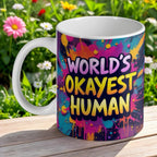 Funny 'World's Okayest Human' ceramic mug by Laser Design Creations, with a colourful graffiti paint splash background.