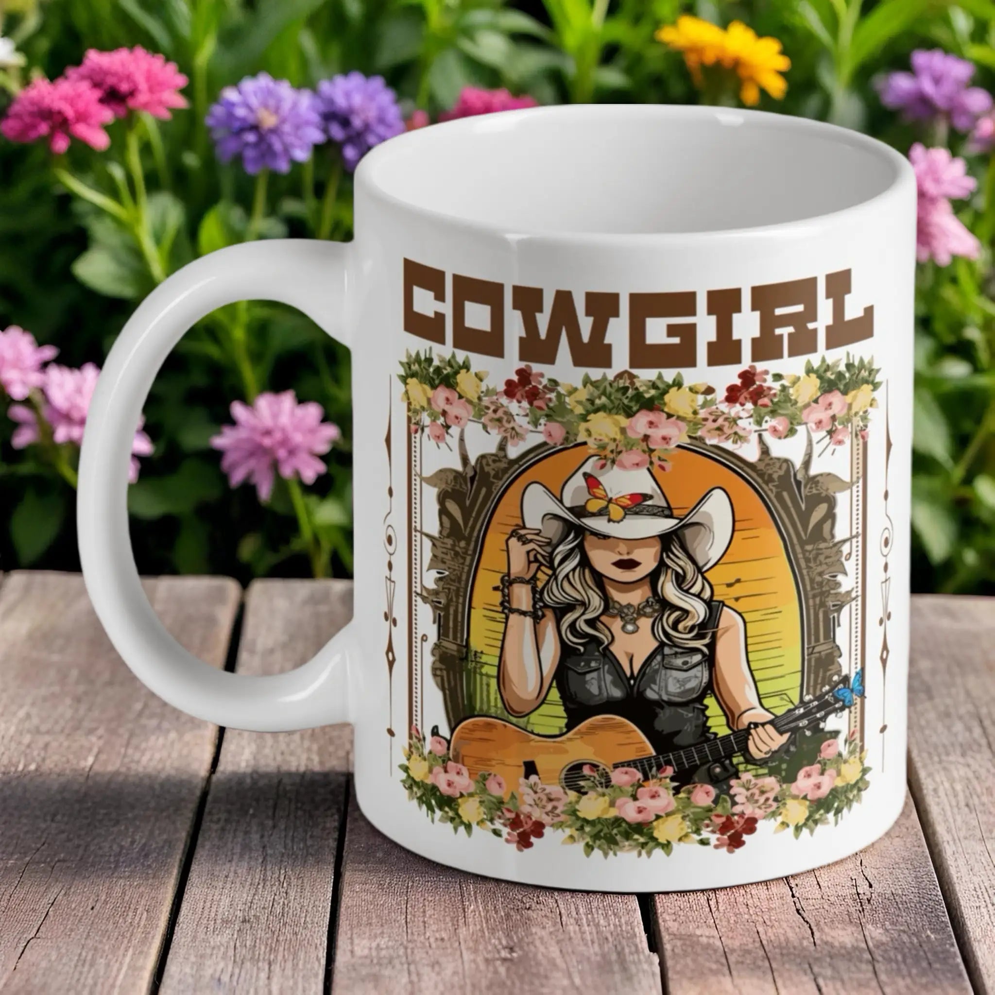 'Guitar Playing Cowgirl' ceramic mug by Laser Design Creations, featuring a stylish country music illustration.