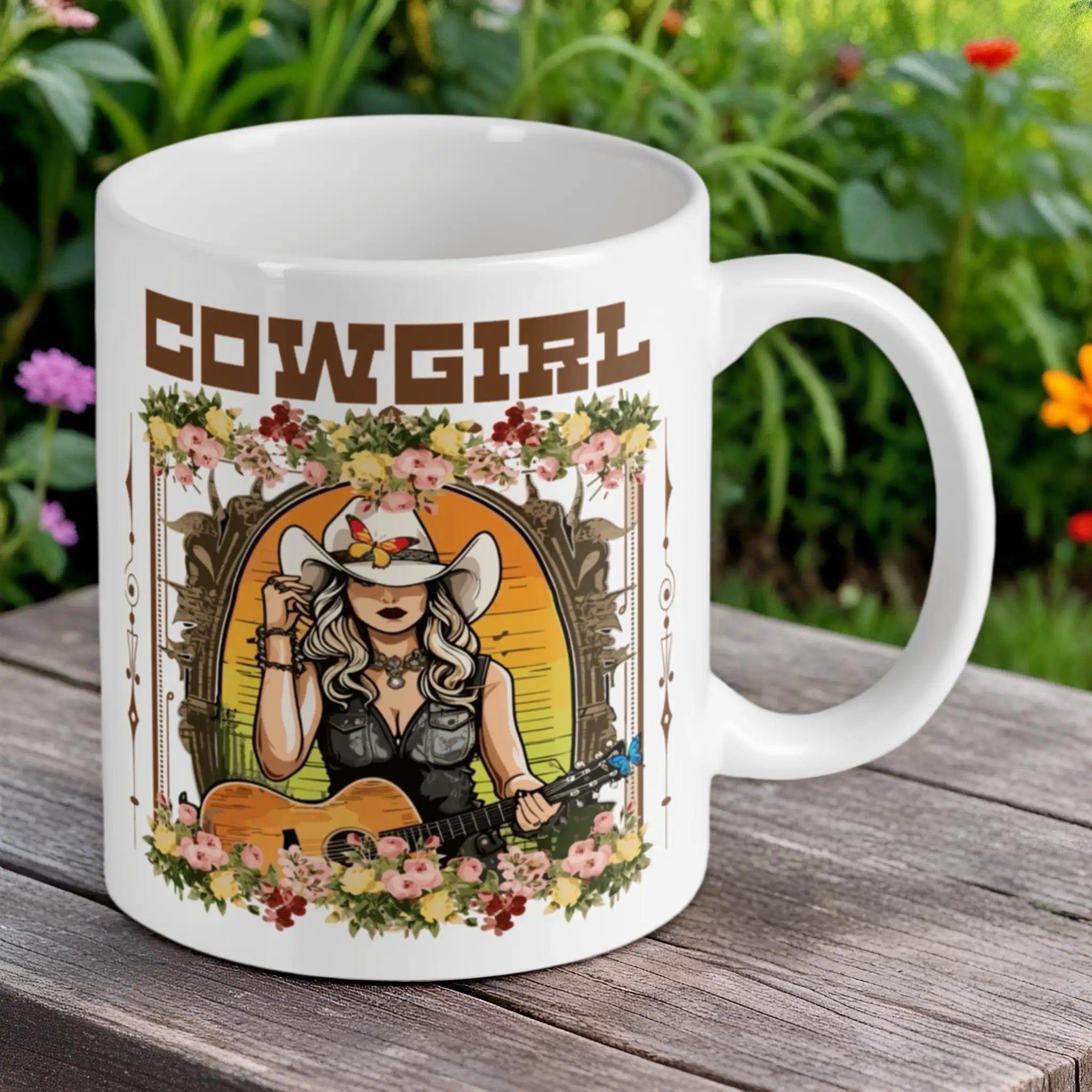 Reverse side of the 'Guitar Playing Cowgirl' ceramic mug, showcasing the wrap-around artwork by Laser Design Creations.