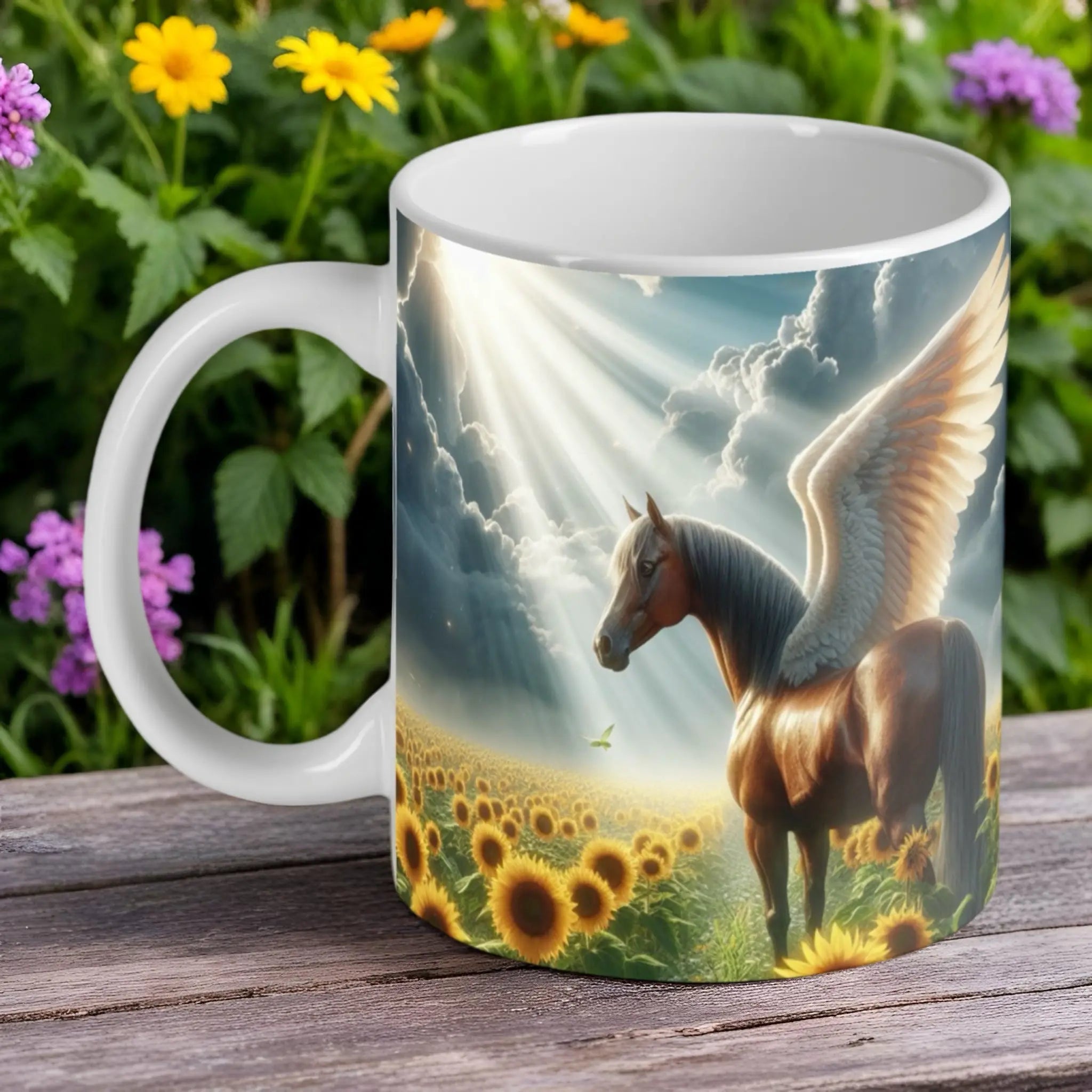 Reverse side of the 'Angel Wings' Brown Pegasus mug, showcasing wrap-around fantasy artwork by Laser Design Creations.