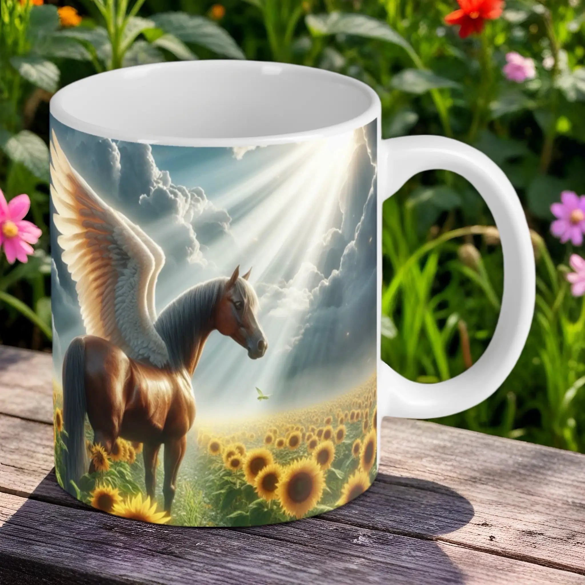 'Angel Wings' Brown Pegasus ceramic mug by Laser Design Creations, majestic winged horse in a sunflower field.