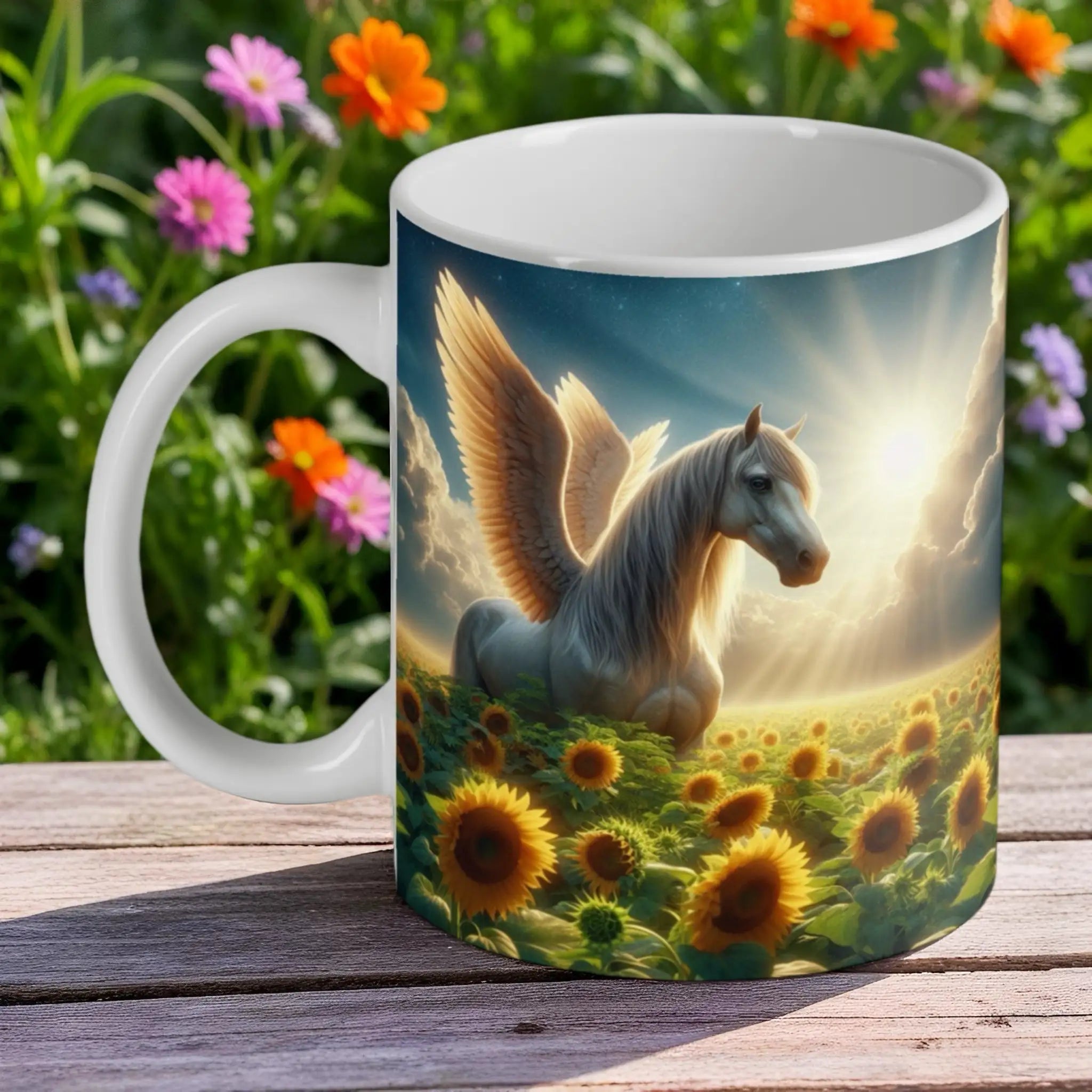 'Angel Wings' White Pegasus ceramic mug by Laser Design Creations, elegant winged horse with sunlit golden wings.
