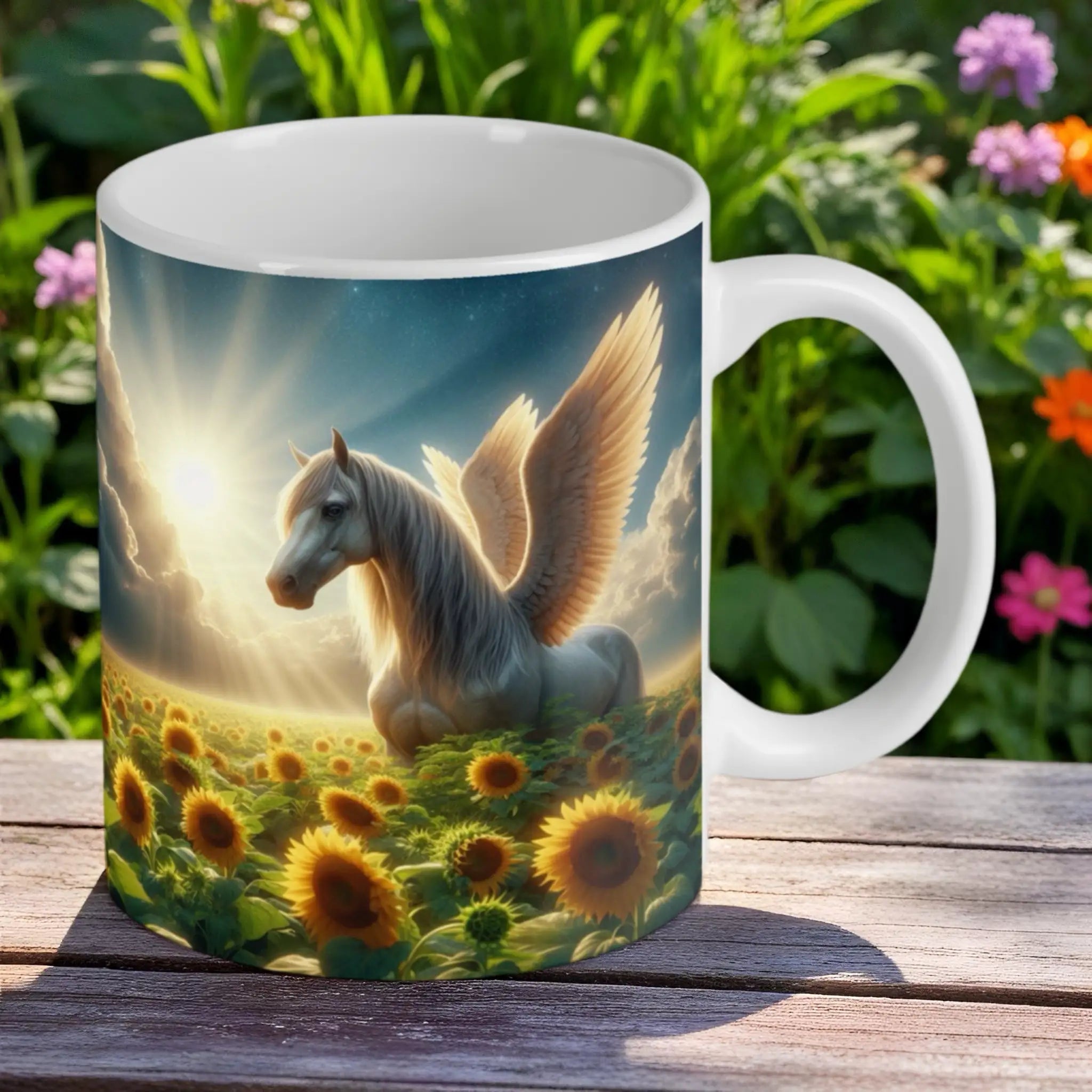 Reverse side of the 'Angel Wings' White Pegasus mug, showing the full wrap-around mystical landscape by Laser Design Creations.