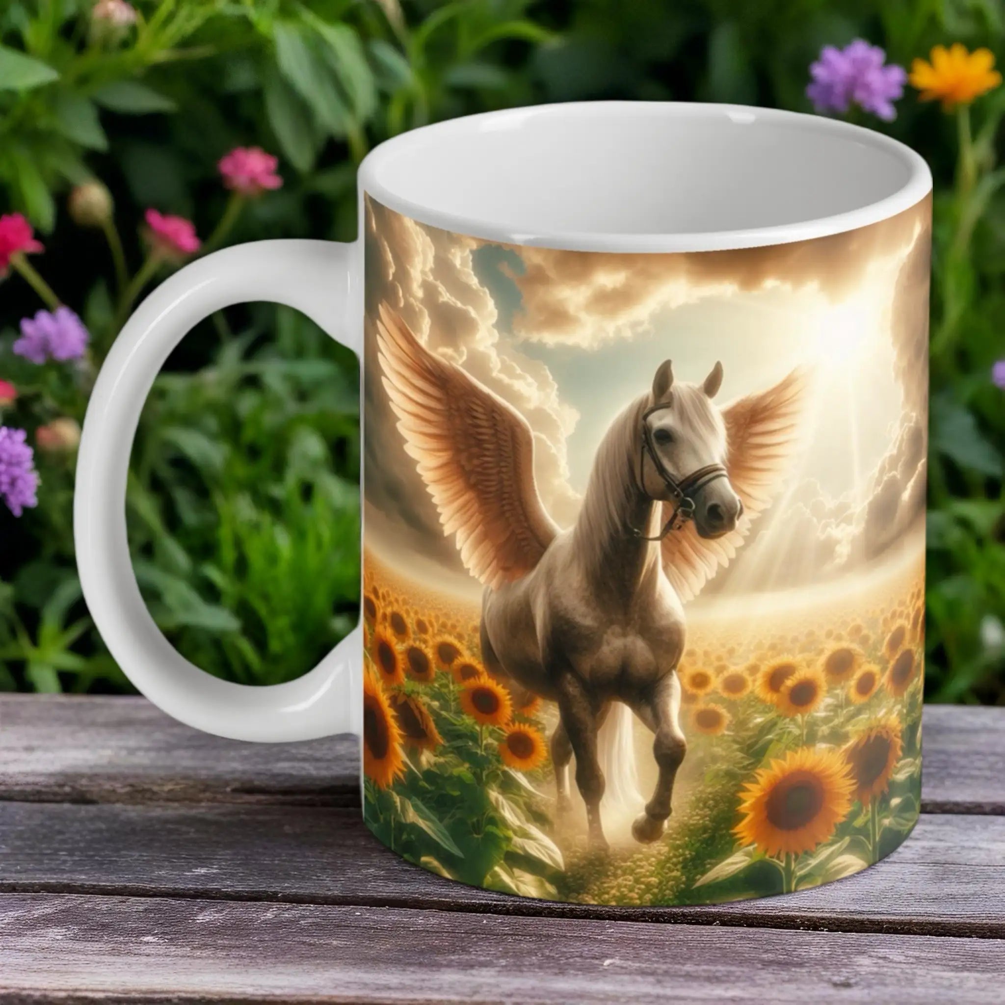 'Angel Wings' Grey Pegasus ceramic mug by Laser Design Creations, noble winged horse in a glowing sunflower meadow.