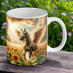 Reverse side of the 'Angel Wings' Grey Pegasus mug, featuring the serene, sun-kissed fantasy art by Laser Design Creations.