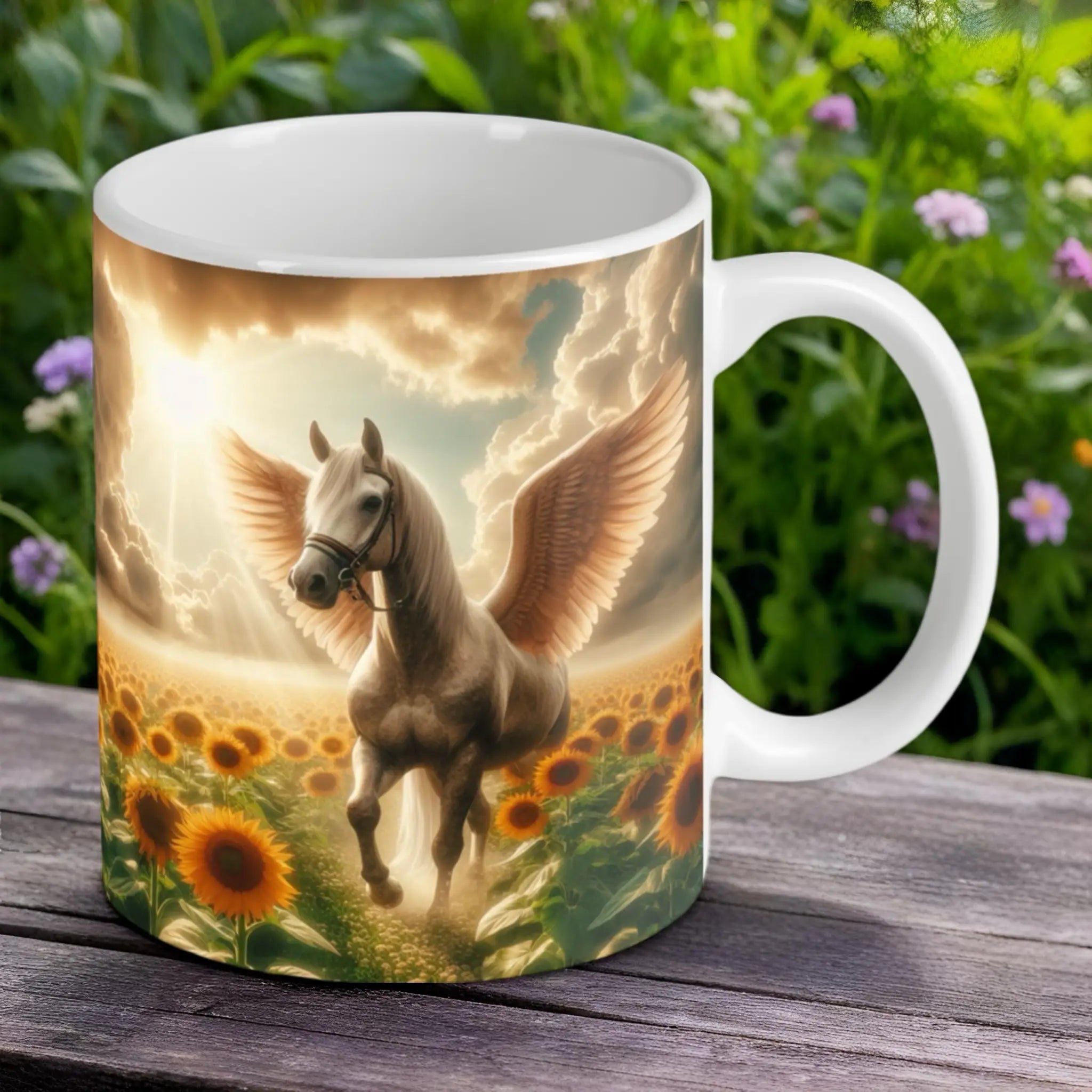 Reverse side of the 'Angel Wings' Grey Pegasus mug, featuring the serene, sun-kissed fantasy art by Laser Design Creations.