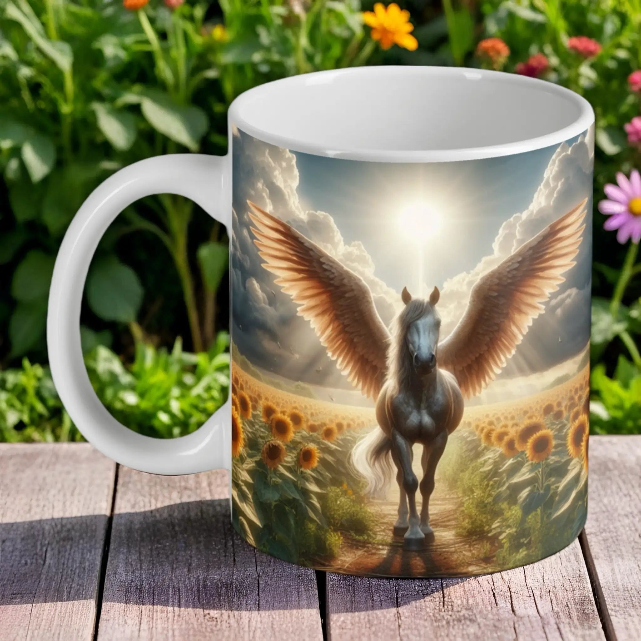 'Angel Wings' Pegasus ceramic mug by Laser Design Creations, powerful dark winged horse with radiant light.