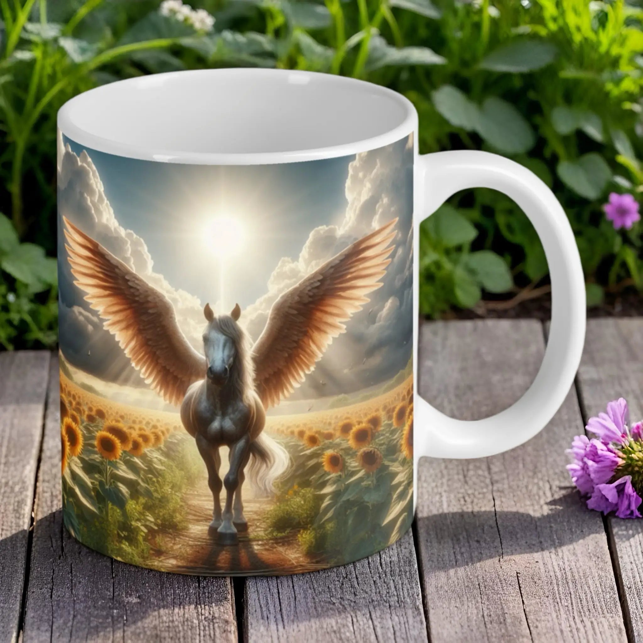 Reverse side of the 'Angel Wings' Pegasus mug, highlighting the dramatic wrap-around sky and sunflower field by Laser Design Creations.
