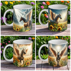 A collage showcasing the 'Angel Wings' Pegasus mug collection by Laser Design Creations, displaying the four available design variants: brown, white & grey winged horses.